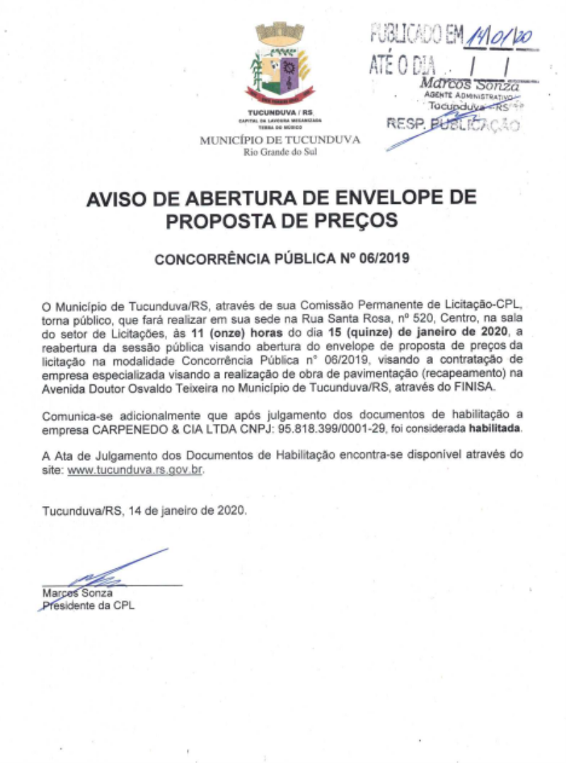 CNC 06_2019 AVISO DE ABERTURA DE ENVELOPE DE PROPOSTA DE PREÇOS